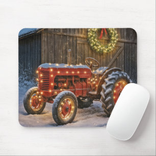 Alfombrilla De Ratón Tractor rojo de granja de Navidad con corona lumin