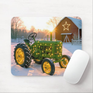 Alfombrilla De Ratón Tractor verde vintage de Navidad con luz navideña