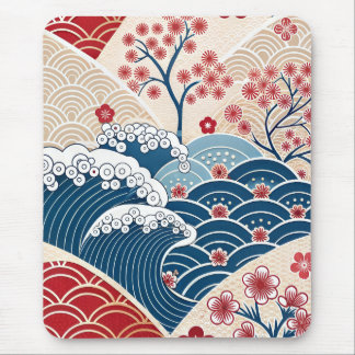 Alfombrilla De Ratón Traditional Red Blue Japanese Wave Sakura Pattern