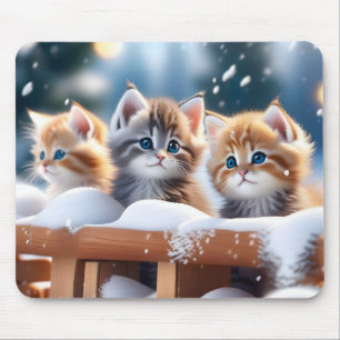 Alfombrilla De Ratón Tres gatos de tabby jugando en la nieve