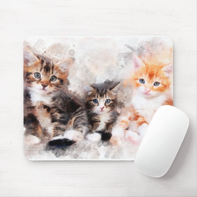Alfombrilla De Ratón Tres hermosos y lindos gatitos acuarela (Con ratón)