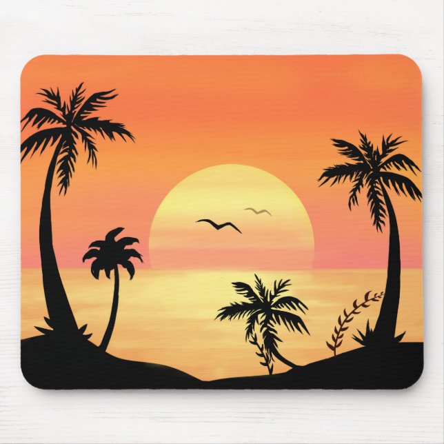 Alfombrilla De Ratón Tropical Beach Sunset Palm Tree Silhouette Art (Frente)