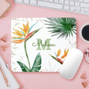 Alfombrilla De Ratón Tropical Foliage Palm Floral Monogram Script Gold