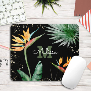 Alfombrilla De Ratón Tropical Foliage Palm Monogram Script Gold Black