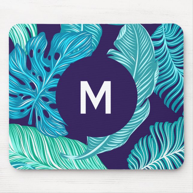 Alfombrilla De Ratón Tropical Green Blue Leaves Pattern Monogram (Frente)