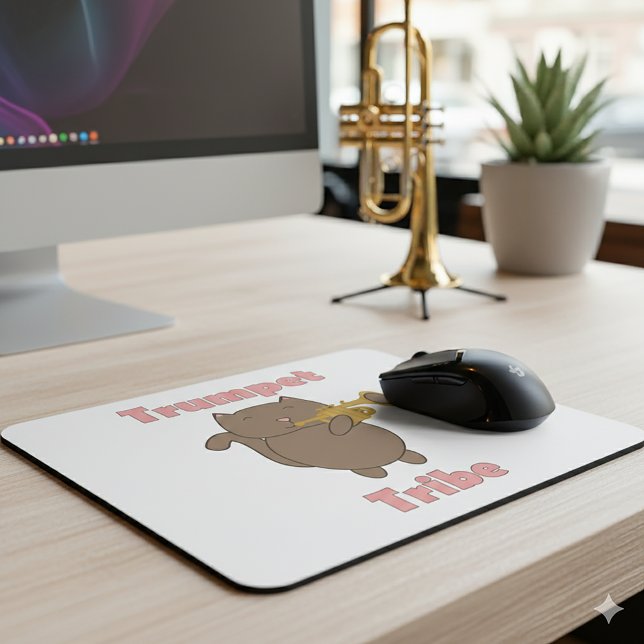 Alfombrilla De Ratón Trumpet Tribe Brown Cat Pink (A mouse pad featuring a brown cat playing the trumpet and the words trumpet tribe in pink.)