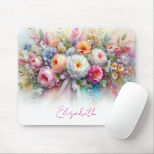Alfombrilla De Ratón Tu nombre de texto personalizado flores de aquarel