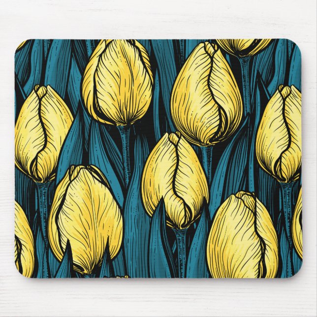 Alfombrilla De Ratón Tulipanes amarillos con hojas azules (Frente)