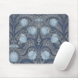 Alfombrilla De Ratón Tulipanes Retro Nouveau en azul y peltre