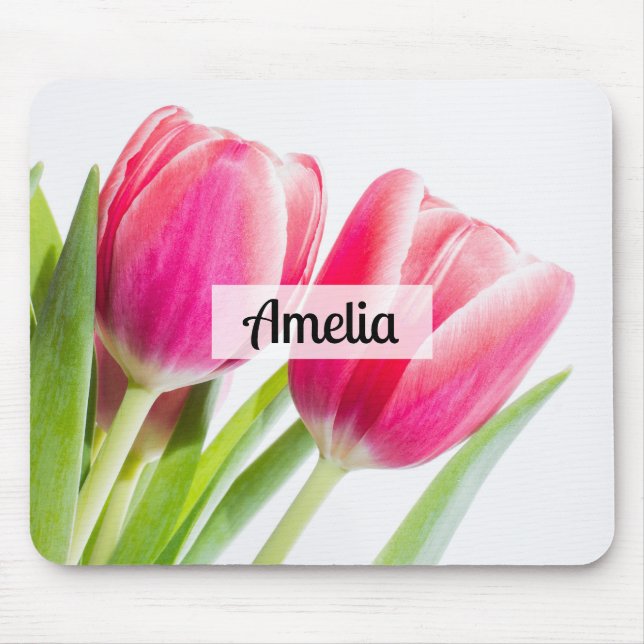 Alfombrilla De Ratón Tulipanes rosados con foto de hojas verdes (Frente)