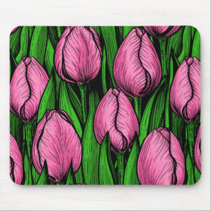 Alfombrilla De Ratón Tulipanes rosados con hojas verdes