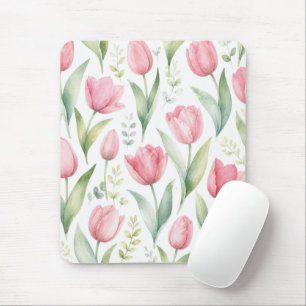 Alfombrilla De Ratón Tulipanes rosados Pintura floral acuarela Botánico