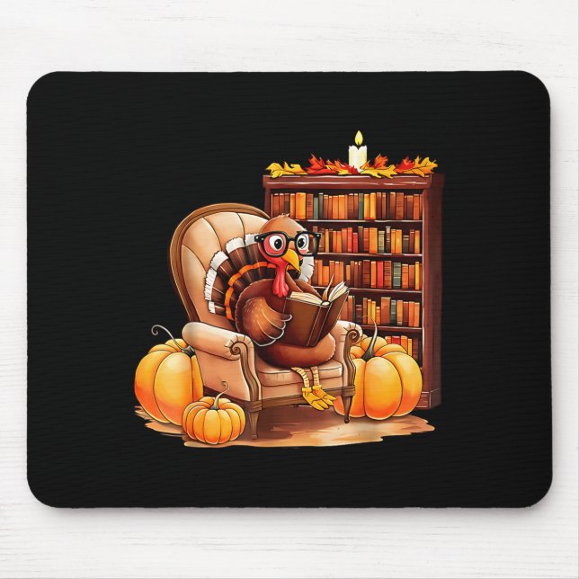 Alfombrilla De Ratón Turkey Reading Books Fall Thanksgiving Teacher Boo (Frente)