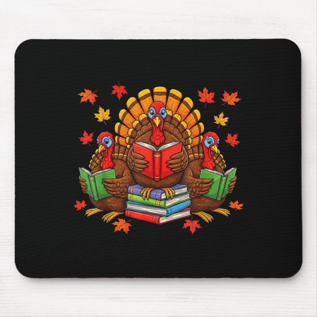 Alfombrilla De Ratón Turkey Reading Books Teacher Fall Thanksgiving Boo (Frente)