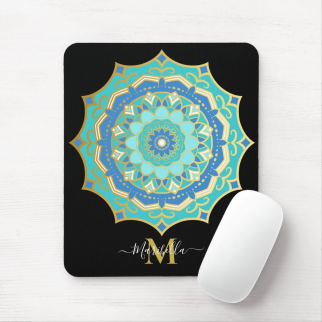 Alfombrilla De Ratón Turquesa Azul Dorado Boho Mandala (Con ratón)
