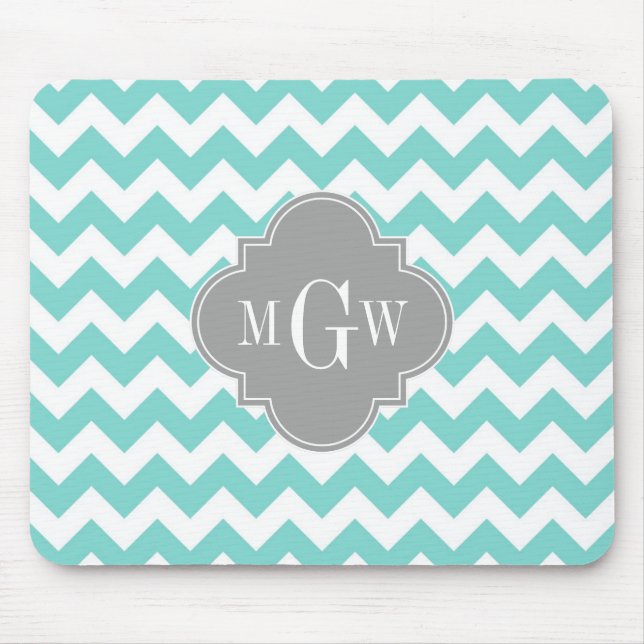 Alfombrilla De Ratón Turquesa / Blanco Acuático Chevron Gris 3 Monogram (Frente)