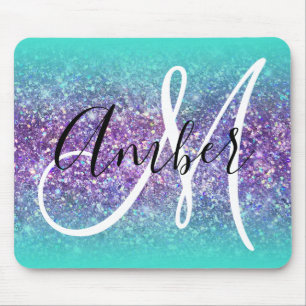 Alfombrilla De Ratón Turquesa Ombre Purpura Glam Brillo Monograma
