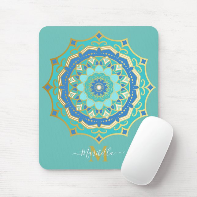 Alfombrilla De Ratón Turquoise Blue Gold Boho Mandala Mouse Pad (Con ratón)
