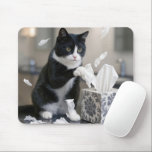 Alfombrilla De Ratón Tuxedo Cat Playing with a Tissue Box<br><div class="desc">A curious tuxedo cat is joyfully yanking white tissues from a charming floral box perched on the bathroom counter,  adding a delightful touch of mischief to the scene</div>