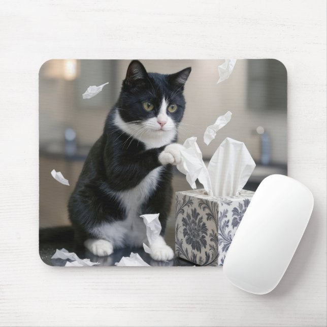 Alfombrilla De Ratón Tuxedo Cat Playing with a Tissue Box (Con ratón)
