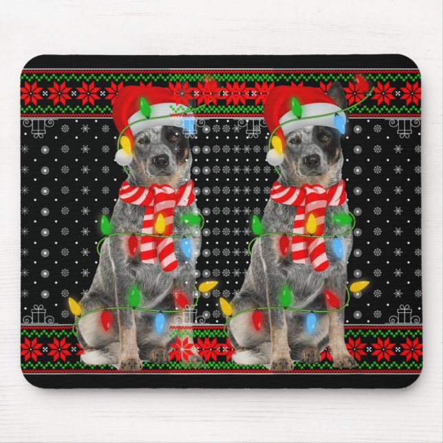 Alfombrilla De Ratón Ugly Xmas Dog Lights Santa Hat Blue Heeler Dog Chr (Frente)