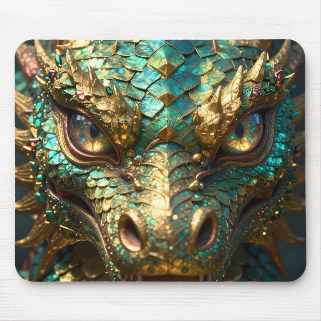 Alfombrilla De Ratón Un dragón místico turquesa y dorado (Frente)
