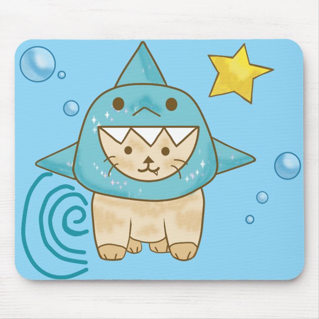 Alfombrilla De Ratón Un gato beige curado con traje de tiburón y temáti (Frente)