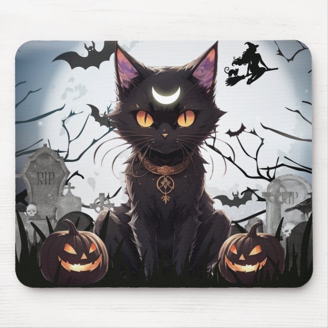 Alfombrilla De Ratón Un gato negro espeluznante con luna. (Frente)