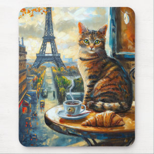 Alfombrilla De Ratón Una mañana en París   Gato atigrado en un café