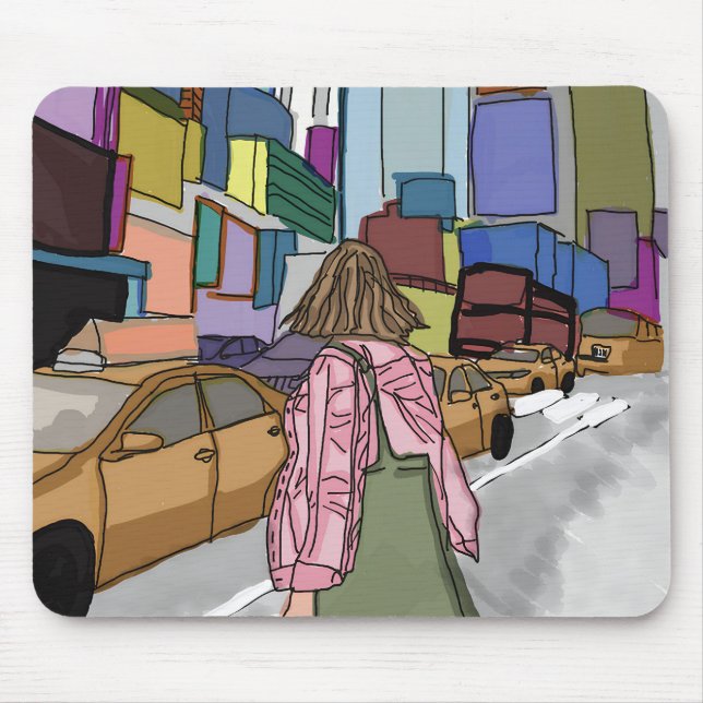 Alfombrilla De Ratón Una mujer camina por una bulliciosa calle de la ci (Frente)