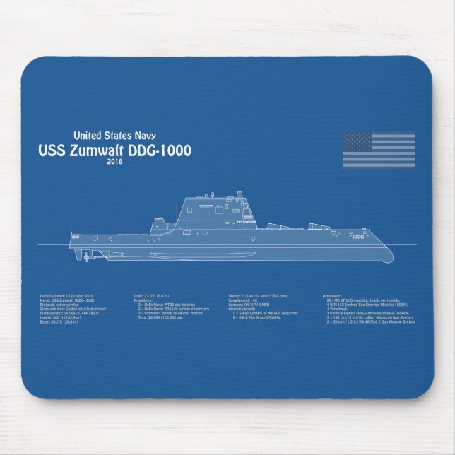 Alfombrilla De Ratón USS Zumwalt - Planes de trazado de buques ABD (Frente)
