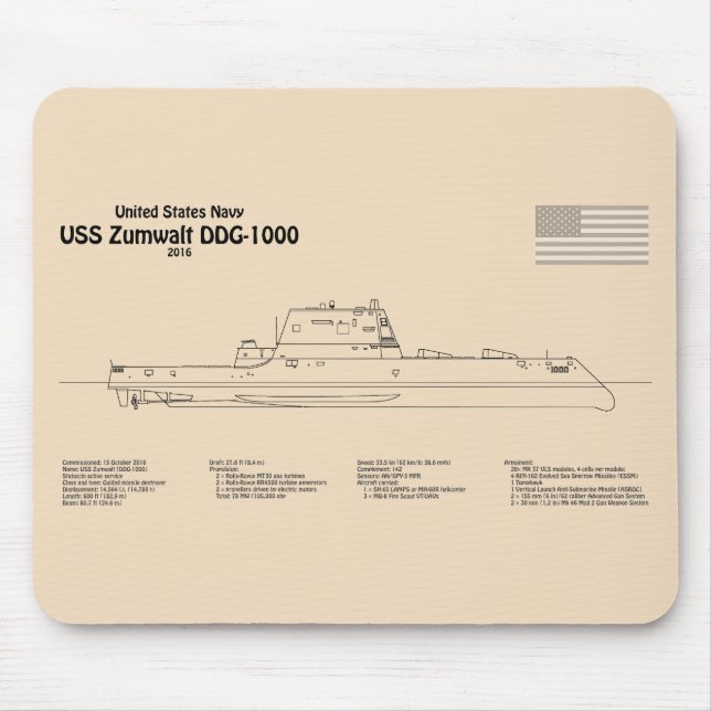 Alfombrilla De Ratón USS Zumwalt - Planes de trazado de buques SD (Frente)