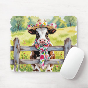 Alfombrilla De Ratón Vaca acuarela con sombrero de estampado floral