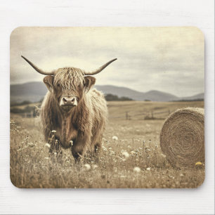 Alfombrilla De Ratón Vaca de montaña en un campo de heno