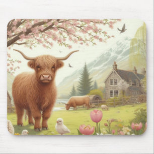 Alfombrilla De Ratón Vaca de tierras altas, con flores y primavera