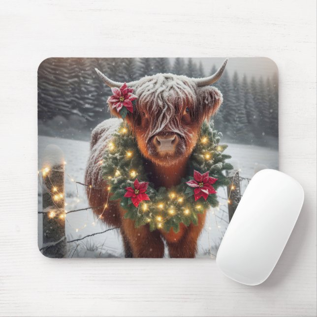 Alfombrilla De Ratón Vaca Highland de navidades con guirnalda (Con ratón)