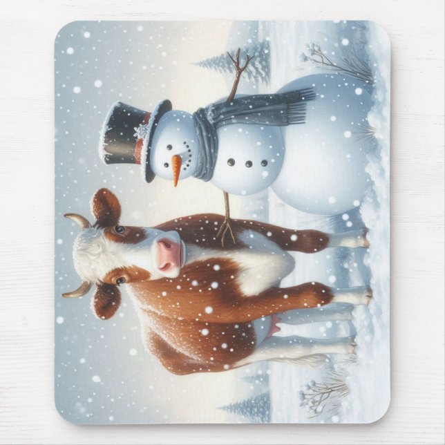 Alfombrilla De Ratón Vaca y muñeco de nieve en el campo invernal (Frente)