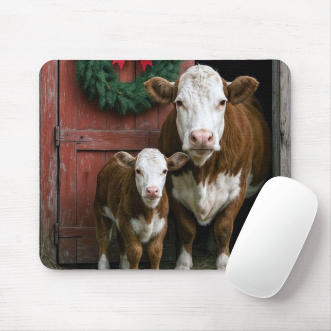 Alfombrilla De Ratón Vaca y ternero Hereford de Navidad (Con ratón)