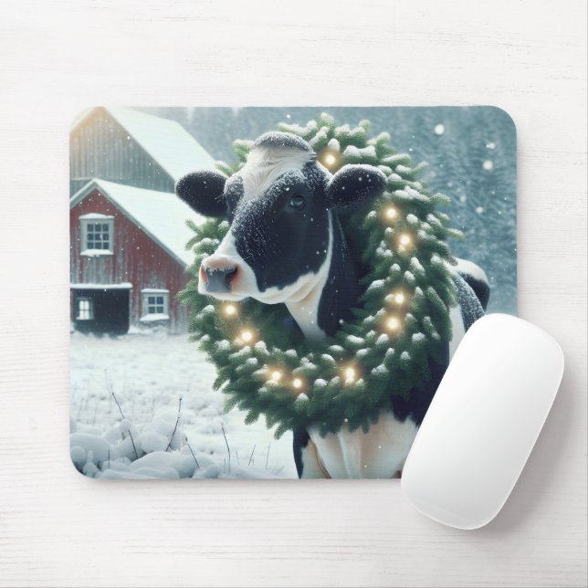 Alfombrilla De Ratón Vacas con Navidades iluminados Wreath (Con ratón)