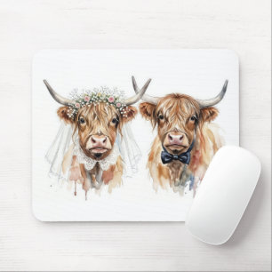 Alfombrilla De Ratón Vacas Highland de boda en acuarela