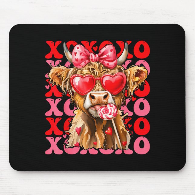 Alfombrilla De Ratón Valentine Xoxo Highland Cow Cute Coquette Bow West (Frente)