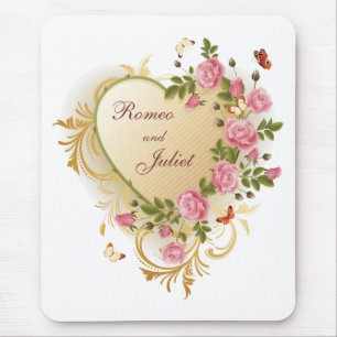 Alfombrilla De Ratón Valentines - Gold Striped Heart with Roses