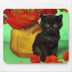 Alfombrilla De Ratón Van Gogh Black Kitten Red Flowers