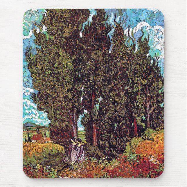 Alfombrilla De Ratón Van Gogh - Cipreses con dos figuras femeninas (Frente)