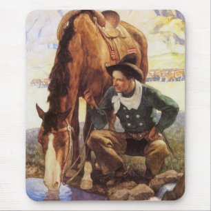 Alfombrilla De Ratón Vaquero regando su caballo por NC Wyeth, arte vint