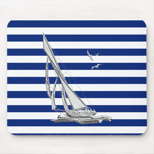 Alfombrilla De Ratón Vela de plata en franjas náuticas (Frente)