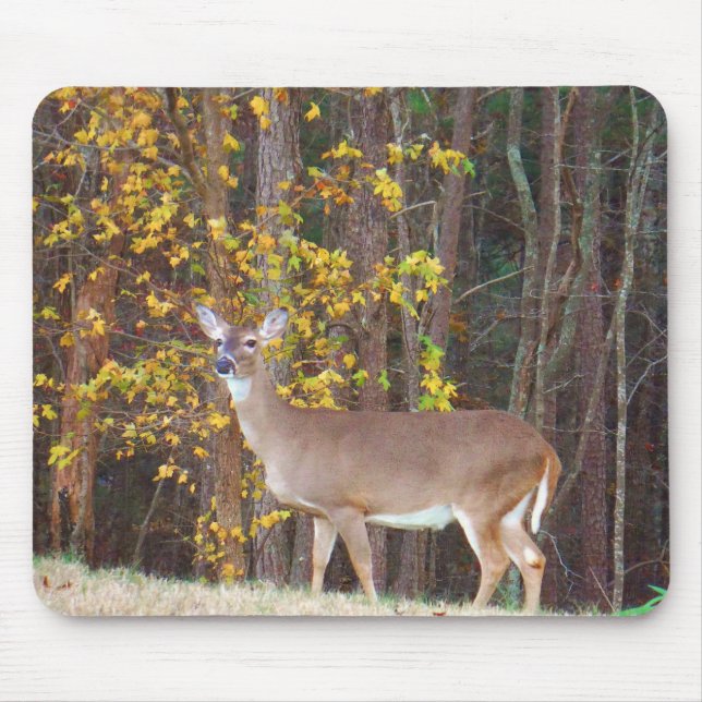 Alfombrilla De Ratón Venado frente al árbol amarillo otoñal (Frente)