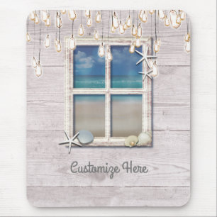 Alfombrilla De Ratón Ventana de Playa Tropical Madera Blanca Chic Elega