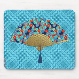 Alfombrilla De Ratón Ventilador Deco - Flores de cobalto, turquesa y ro