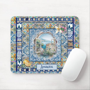 Alfombrilla De Ratón verano azulejos azules florales italianos cítricos